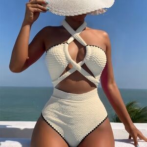 Textured Crisscross One-Piece Swimsuit in Cream with Black Trim